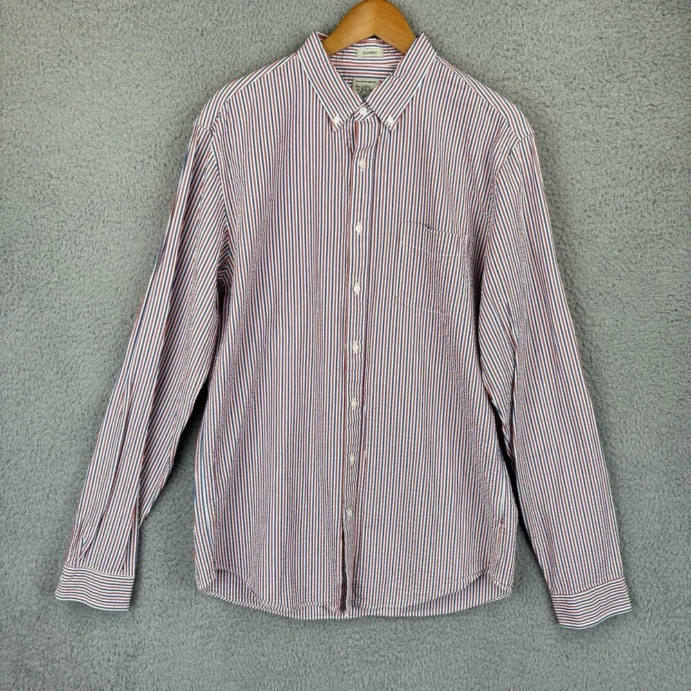 J Crew Shirt Mens LT Red White Blue Seersucker Striped Classic Fit Button Down - Picture 3 of 6